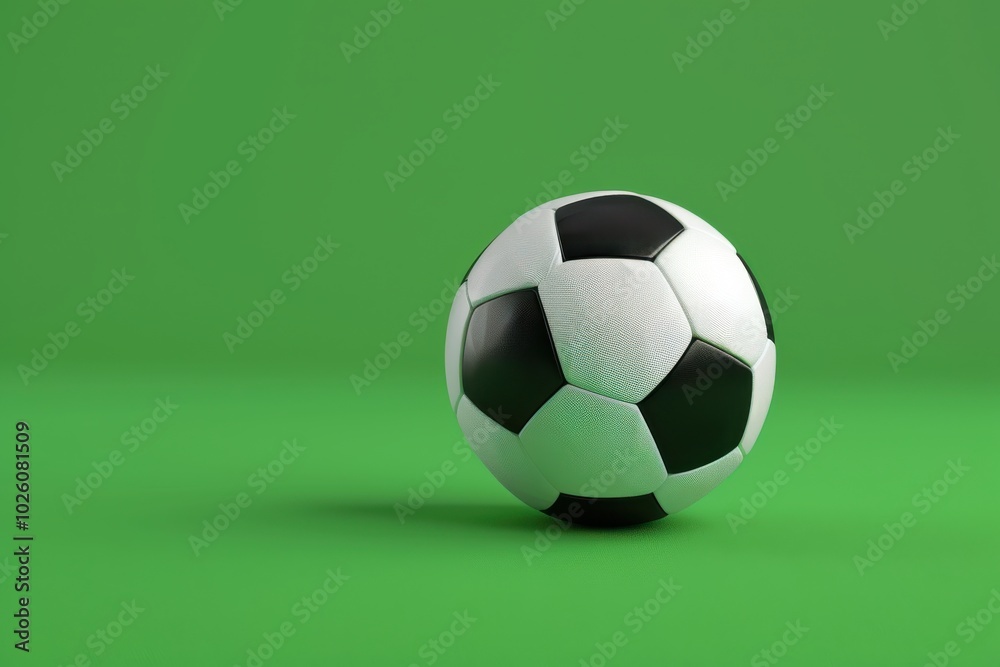 A classic black and white soccer ball on a green background