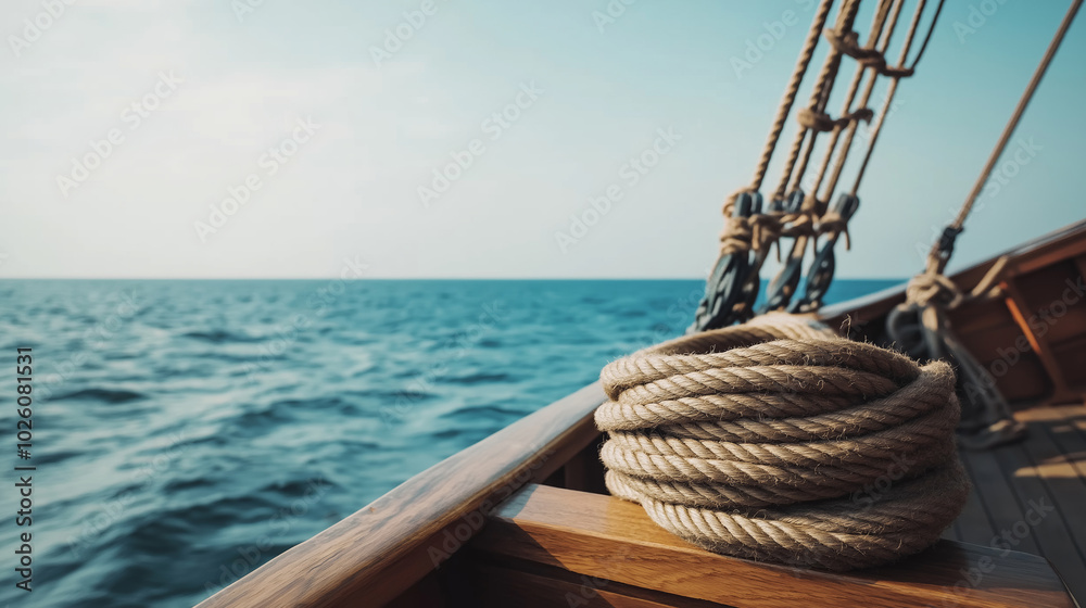 Obraz premium Coiled nautical rope rests on the deck of a sailboat, sailing on tranquil blue waters