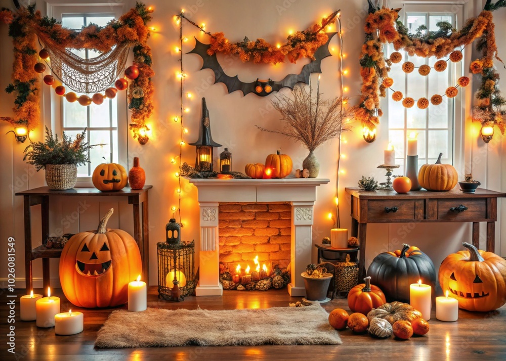Obraz premium Cozy indoor Halloween decorations featuring glowing jack o lanterns, candles, and festive garlands, creating a warm and inviting autumn atmosphere in the living room.