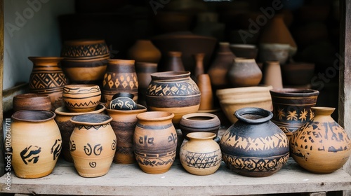 Handmade Clay Pots with Artistic Designs on Display