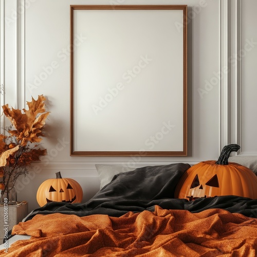 An inviting autumn-themed room with pumpkin decor and a cozy blanket, complemented by minimalist framed art creating a warm seasonal atmosphere. photo