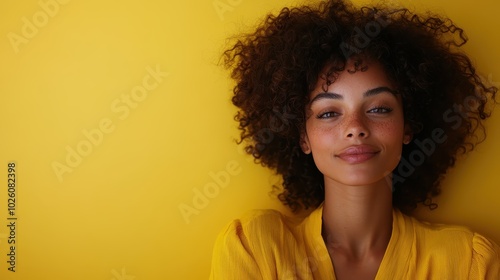 A confident woman with curly hair poses against a stunning yellow background, exuding self-assurance and a stylish, modern charisma with a relaxed demeanor. photo