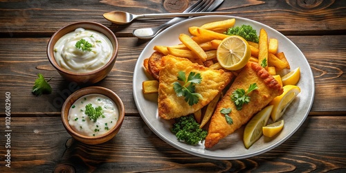 Delicious Top Down View of Fish and Chips with Tartar Sauce for Culinary Enthusiasts