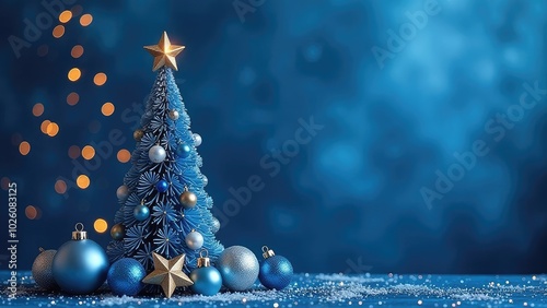 Blue and gold Christmas tree toys on a dark blue background, Christmas tree, festive atmosphere, free space for text