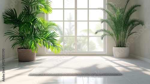 A bright room with a large window, white rug, and two potted plants. The window overlooks a lush green garden.