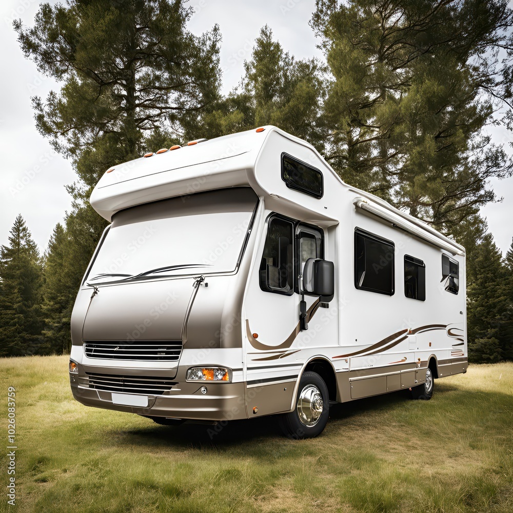 Modern white motorhome in a forest clearing among greenery and pine trees on a sunny day, side view, 3/4. Leisure and caravanning concept Modern white motorhome in a forest clearing among greenery and pine trees on a sunny day, side view, 3/4. Leisure and caravanning concept