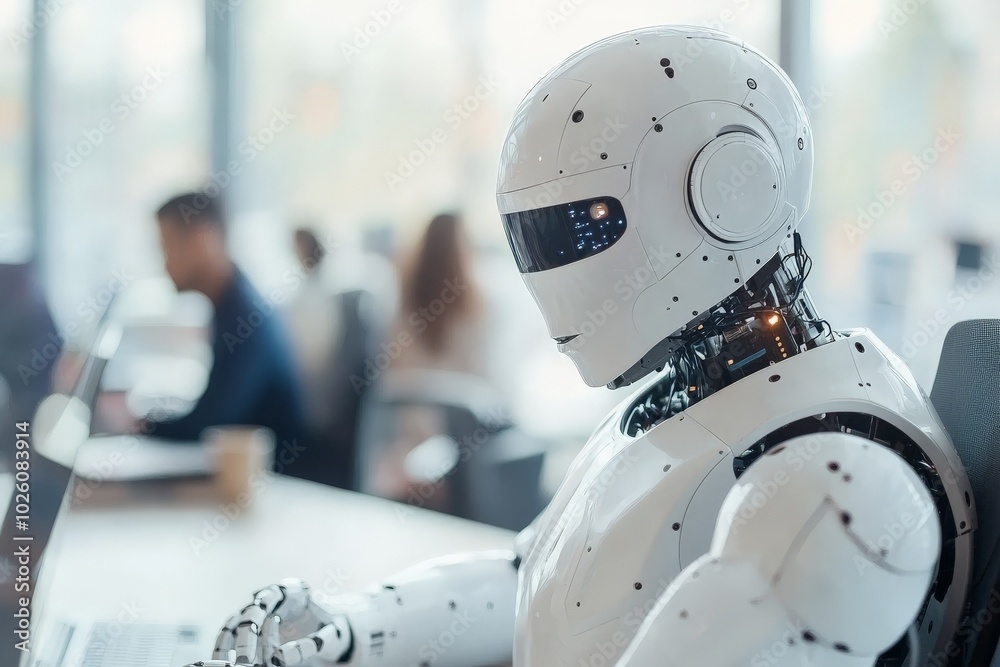 A sleek white humanoid robot sits in a modern office environment, intently working on a computer, surrounded by blurred humans, symbolizing technology's future integration. A sleek white humanoid robot sits in a modern office environment, intently working on a computer, surrounded by blurred humans, symbolizing technology's future integration.