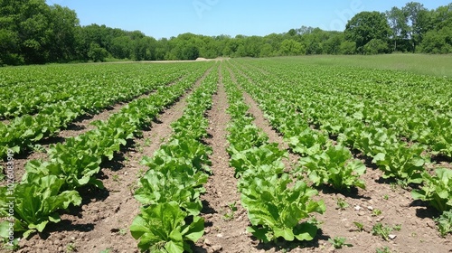 Fresh Green Lettuce Growing in Field Under Blue Sky