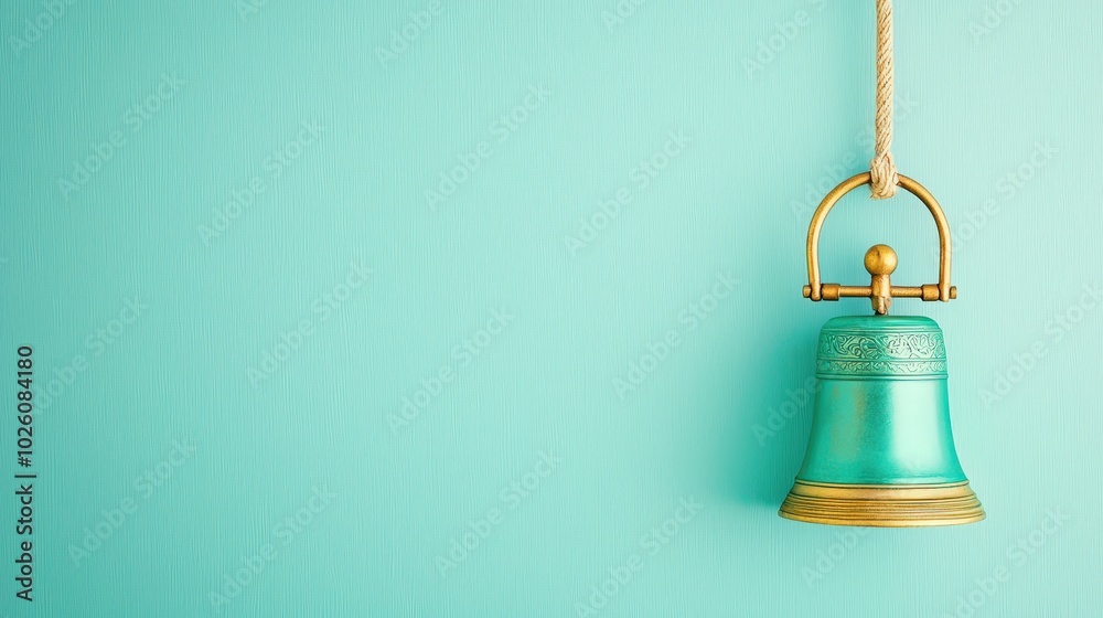 Obraz premium Vintage Bell Hanging on Turquoise Wall Background