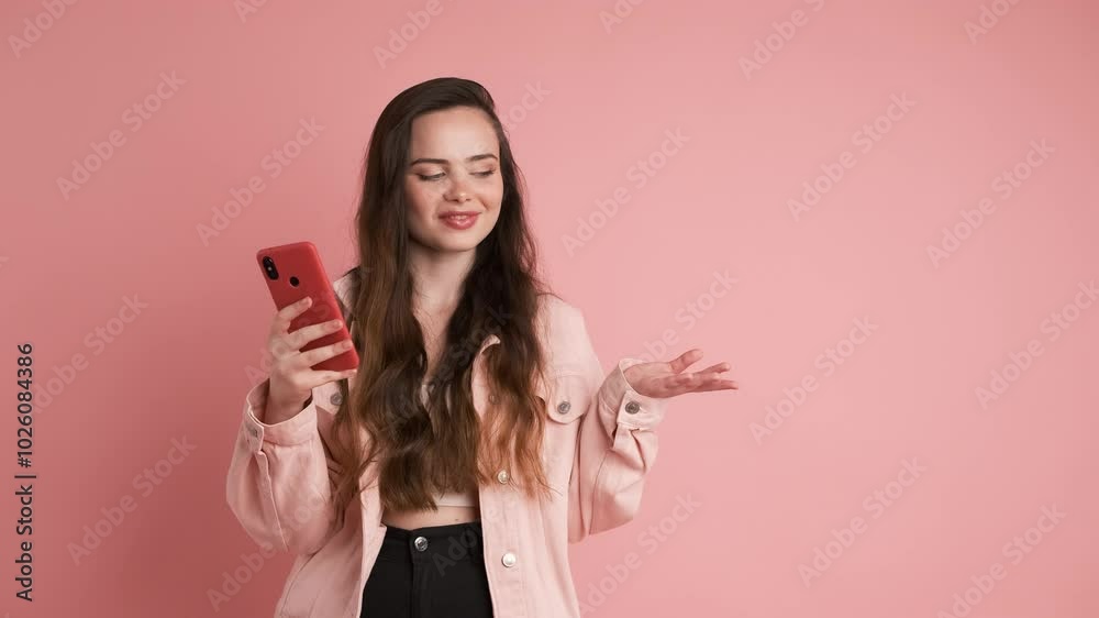 Happy woman with smartphone pointing at mockup space