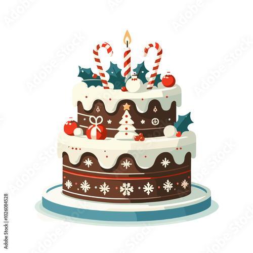 Chocolate Christmas cake with candy canes and festive decorations on transparent background, perfect for holiday celebrations