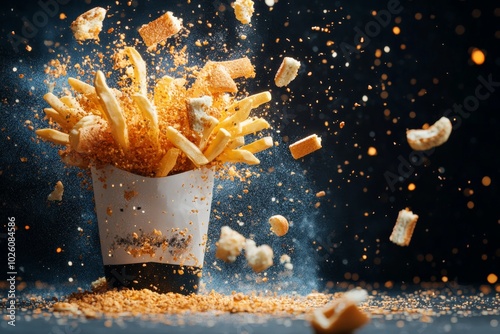 A dynamic image of crispy fries bursting forth with a flurry of crumb particles captured in mid-air, creating a playful and appetizing visual treat. photo