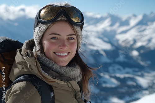 Woman wearing a yellow jacket and goggles is smiling at the camera. She is standing on a snowy mountain and she is enjoying the view. Woman Smiling in Ski Gear on Mountain