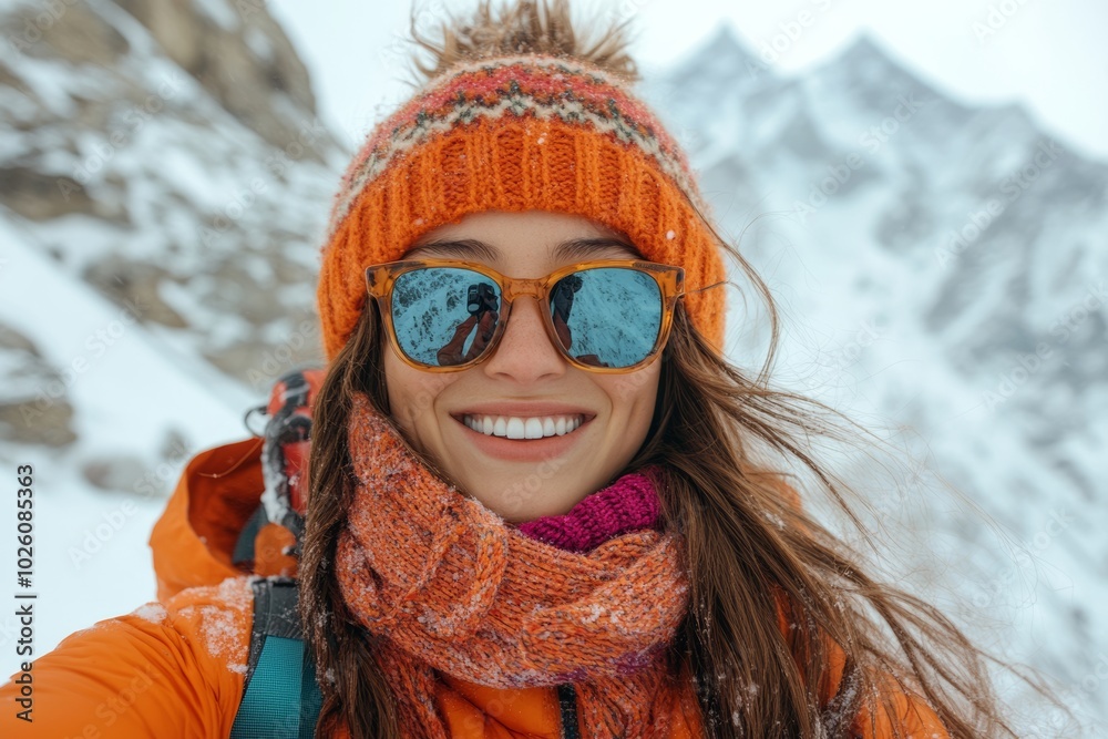 Smiling woman wearing a white hat and orange jacket is standing in the snow. She is smiling and she is enjoying the winter weather Smiling woman wearing a white hat and orange jacket is standing in the snow. She is smiling and she is enjoying the winter weather
