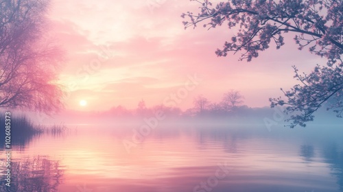 Serene Misty Sunrise Over Lake