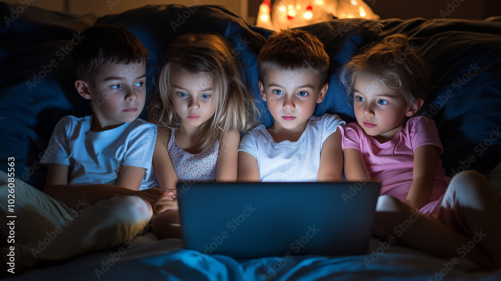 Kids Watching a Cartoon on a Laptop in Bed