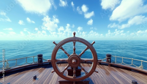 A majestic ship docked on a peaceful beach with palm trees and lush greenery under sky,vintage sextant placed on a nautical map, close-up of an old compass showing coloumbus day.