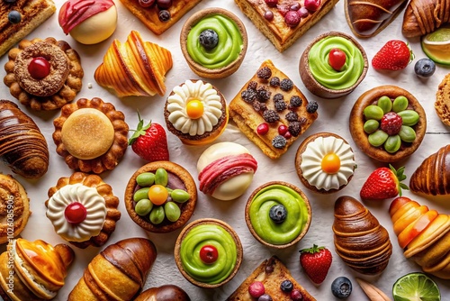 Drone Photography of Assorted Pastries and Bakery Products on White Background for Food Lovers