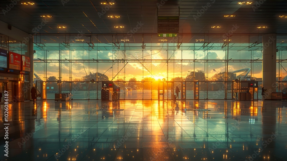 Fototapeta premium Modern Airport Interior with Sunset Reflections