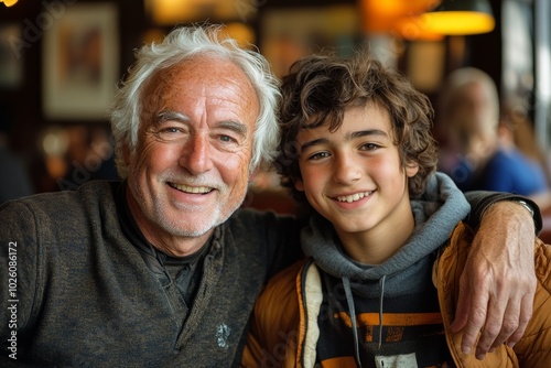 Man and a boy are smiling at the camera. The man is wearing a brown sweater and the boy is wearing a hoodie .happy white hair dad with his adult son 25y, drinking beer photo