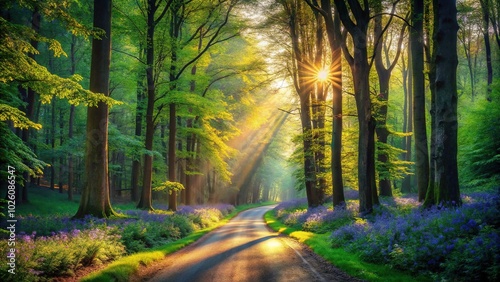 Sunlit Road Through Shady Forest - Serene Nature Escape for Landscape Photography