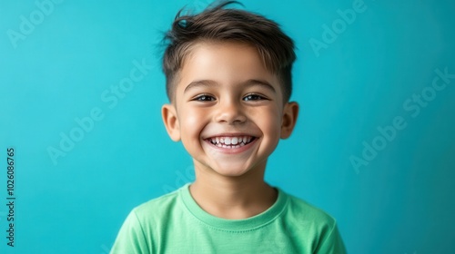 Cheerful child with a stylish haircut smiling in a green shirt against a blue backdrop representing joyful youth and happiness