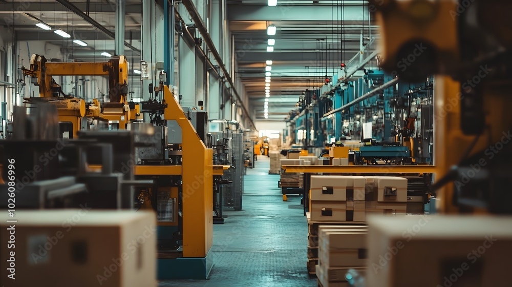 Naklejka premium A large industrial space with a lot of machinery and tools. Scene is industrial and utilitarian