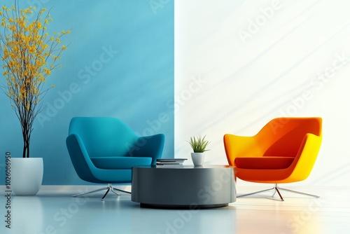 A colorful room features contrasting orange and blue chairs set against a split-toned wall, radiating vitality and style. photo