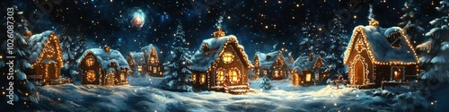 Wallpaper Mural Charming snowy village adorned with twinkling lights under a starlit winter sky. Torontodigital.ca