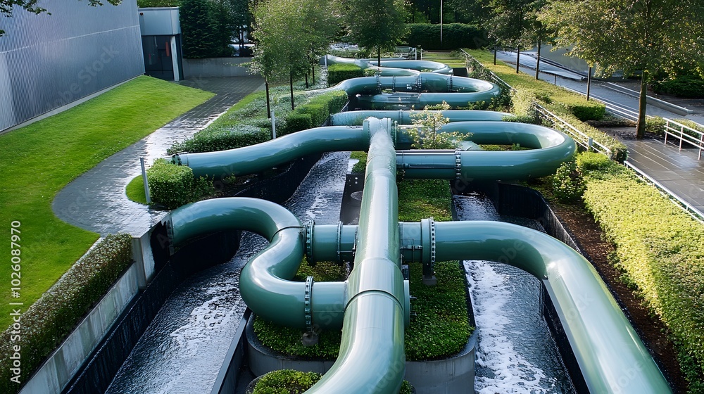 A series of black pipes are surrounded by green plants. The pipes are arranged in a way that they look like they are growing out of the ground. The plants are thriving in the unusual environment A series of black pipes are surrounded by green plants. The pipes are arranged in a way that they look like they are growing out of the ground. The plants are thriving in the unusual environment