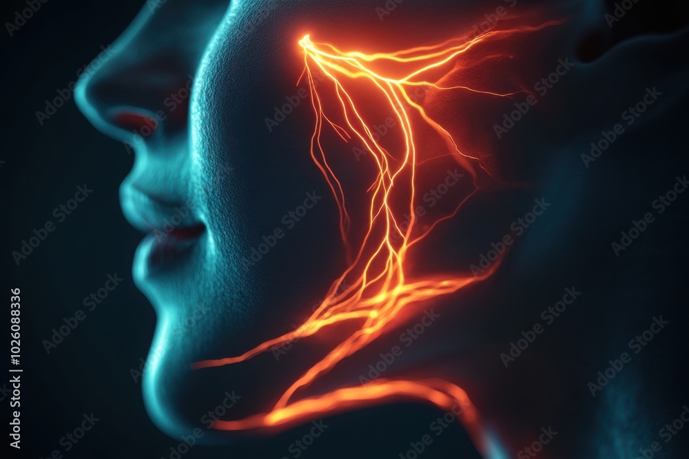 A medical illustration of a person’s face showing the trigeminal nerve network, with sharp, glowing red lines highlighting areas of intense pain along the nerve's path A medical illustration of a person’s face showing the trigeminal nerve network, with sharp, glowing red lines highlighting areas of intense pain along the nerve's path
