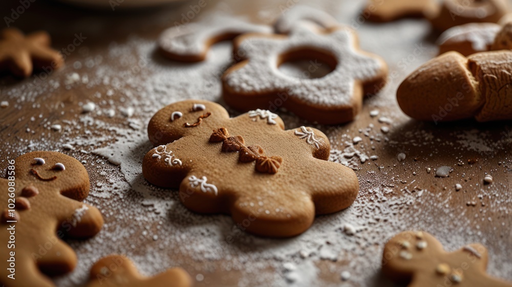 A close-up of gingerbread cookies, including a gingerbread man, on a wooden table sprinkled with powdered sugar. A close-up of gingerbread cookies, including a gingerbread man, on a wooden table sprinkled with powdered sugar.