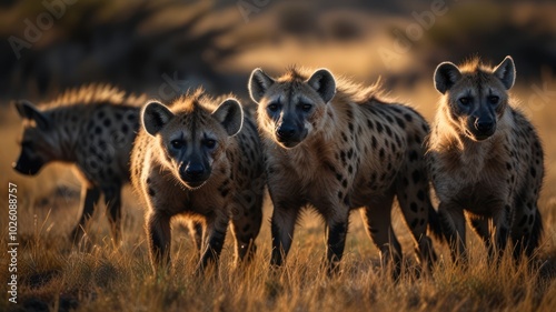 A pack of four spotted hyenas in a savanna environment. photo