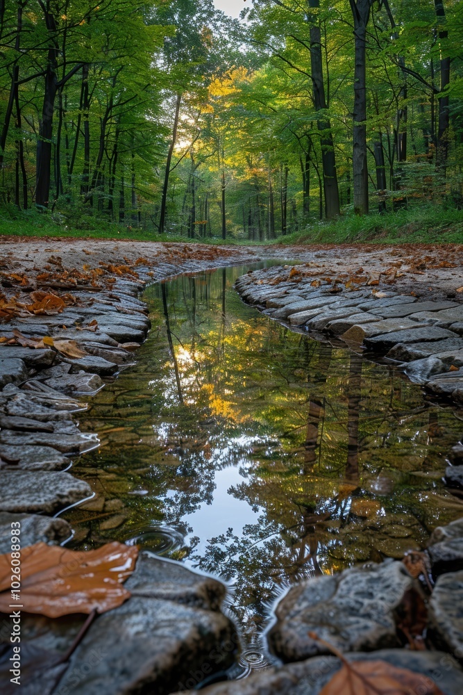 A tranquil forest scene showcasing a clear reflection of lush green trees and fallen autumn leaves in a calm water stream on a peaceful day A tranquil forest scene showcasing a clear reflection of lush green trees and fallen autumn leaves in a calm water stream on a peaceful day