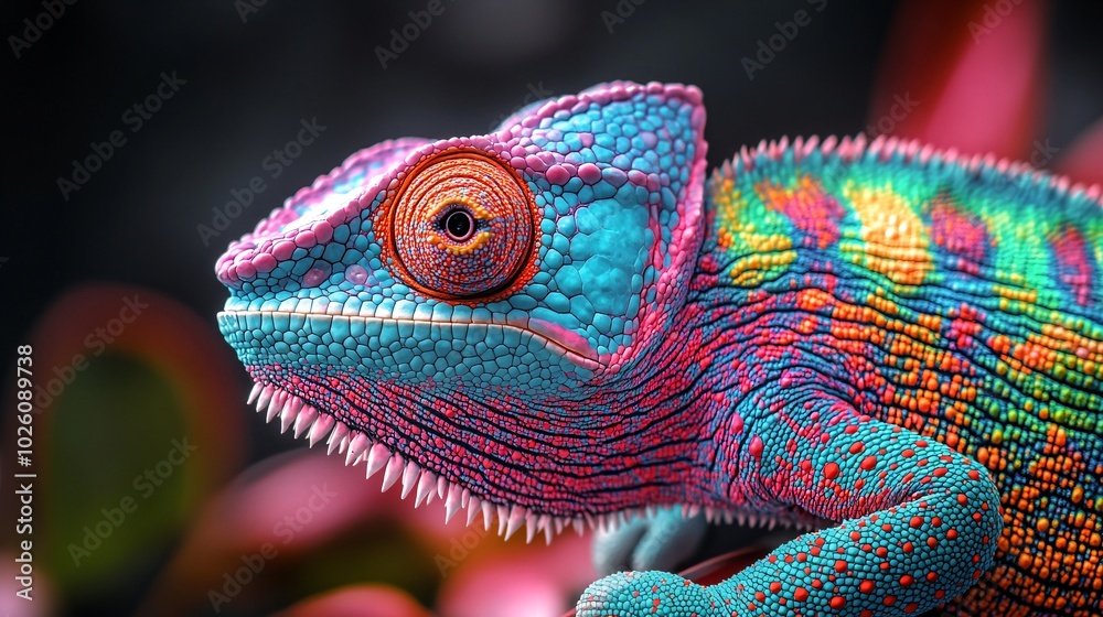 Colorful Chameleon in Vivid Fuchsia and Turquoise Hues Colorful Chameleon in Vivid Fuchsia and Turquoise Hues