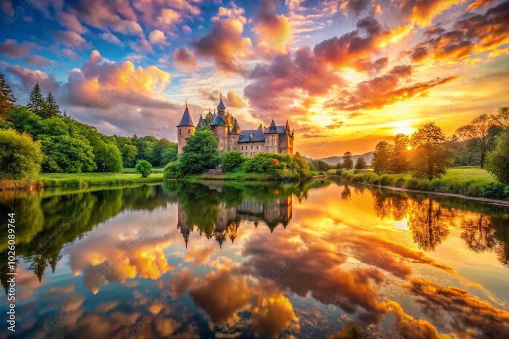 Fototapeta premium Enchanted Nature Scene with Long Exposure Castle Reflection in Pond