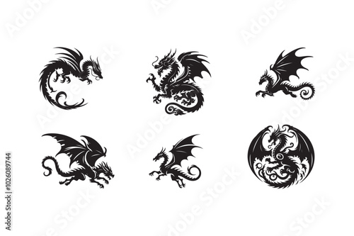 Dragon silhouette vector black color LOGO icon SET.