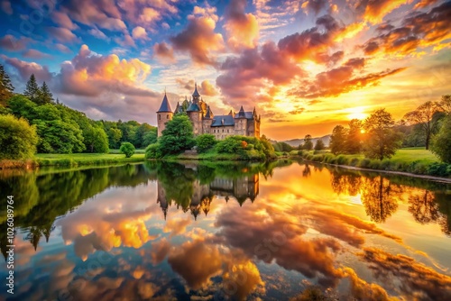 Enchanted Nature Scene with Long Exposure Castle Reflection in Pond