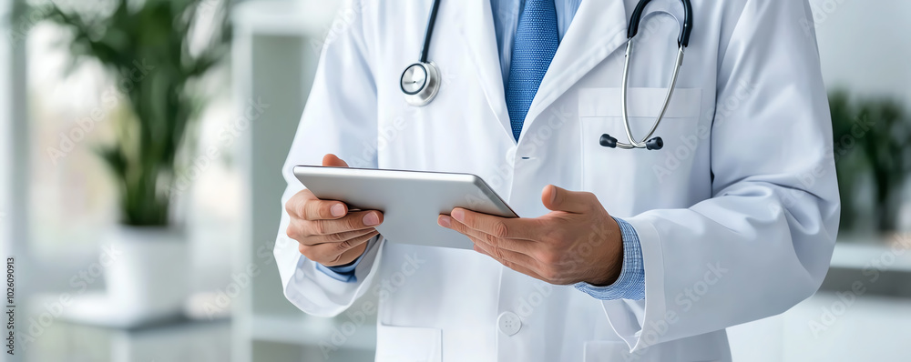 Doctor in professional attire using tablet in a patient consultation, modern healthcare, clean medical environment, high-tech patient care interaction Doctor in professional attire using tablet in a patient consultation, modern healthcare, clean medical environment, high-tech patient care interaction