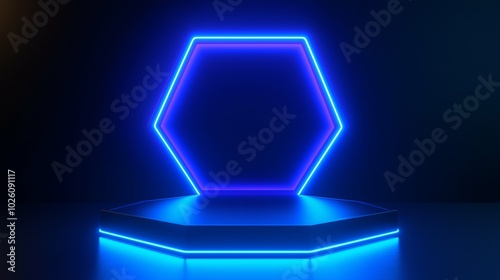 Neon Hexagon Podium with Blue Glow Effect