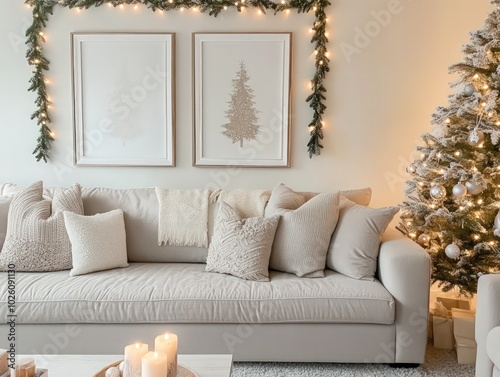 A minimalist living room decorated for Christmas, featuring a cozy sofa with festive cushions, a Christmas tree in the corner, and warm, soft lighting. photo