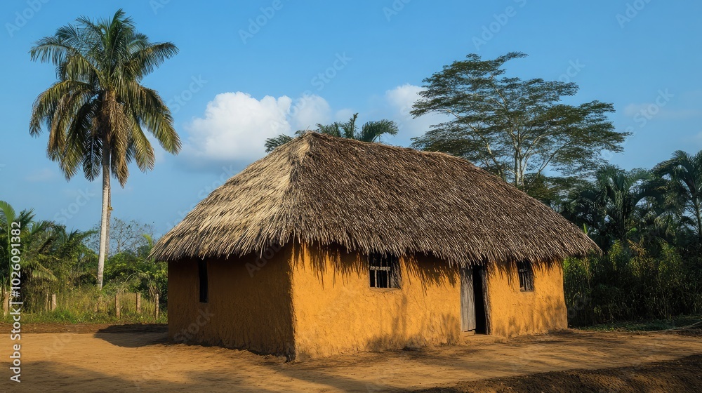 Rustic Thatched Roof House in Lush Green Landscape Rustic Thatched Roof House in Lush Green Landscape
