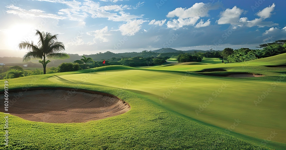 A sun-filled day of golfing amidst stunning surroundings and unspoiled beauty is welcomed by this golf course with rolling green hills, Generative AI. A sun-filled day of golfing amidst stunning surroundings and unspoiled beauty is welcomed by this golf course with rolling green hills, Generative AI.