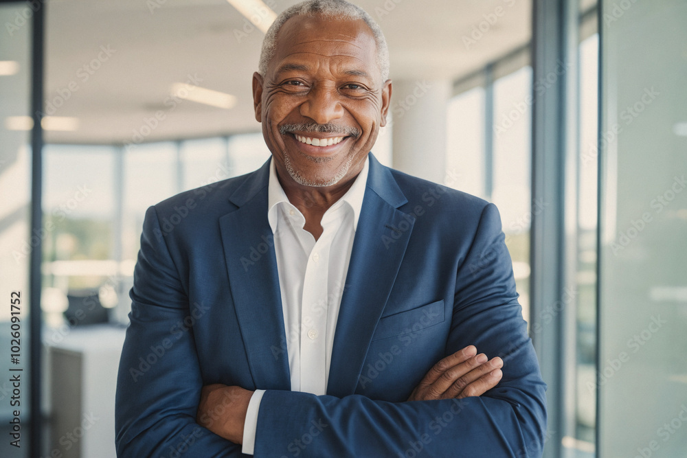 portrait of a smiling african american businessman with crossed arms in office