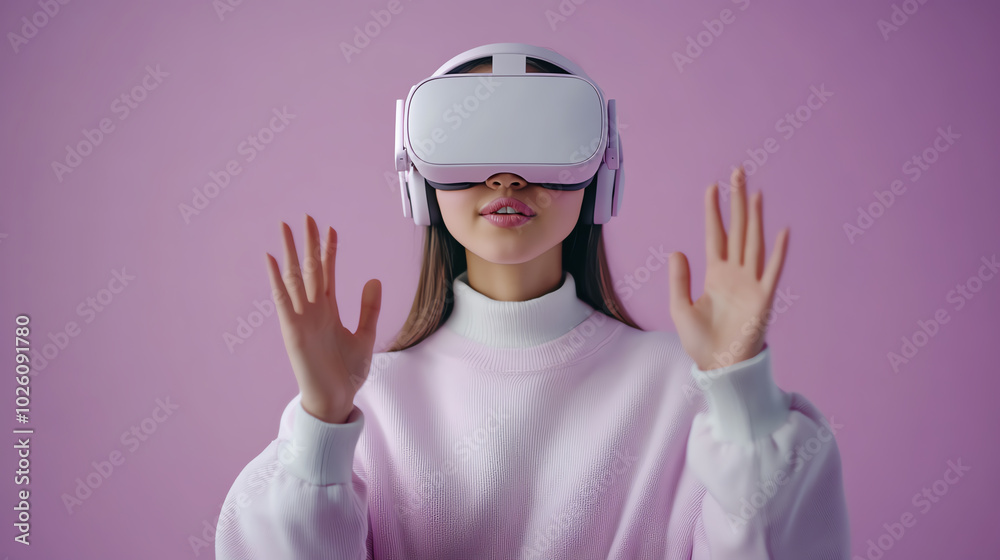 Stylish woman exploring virtual worlds with VR headset, pink and purple cyberpunk tones, futuristic innovation, tech-savvy lifestyle, immersive experience. Stylish woman exploring virtual worlds with VR headset, pink and purple cyberpunk tones, futuristic innovation, tech-savvy lifestyle, immersive experience.