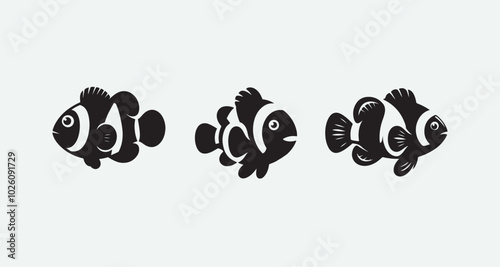 Simple silhouette Clownfish fish logo icon vector black color SET.