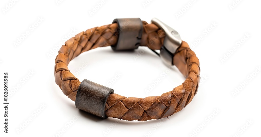A white background with a men's leather bracelet, Generative AI. A white background with a men's leather bracelet, Generative AI.