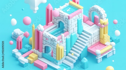 A whimsical 3D castle made of colorful blocks.