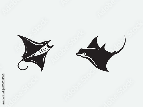 Simple silhouette Manta Ray fish  logo icon vector black color SET.