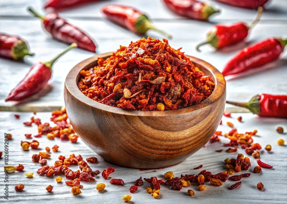 Vibrant Chili Flakes in Wooden Bowl for Culinary Inspiration Vibrant Chili Flakes in Wooden Bowl for Culinary Inspiration